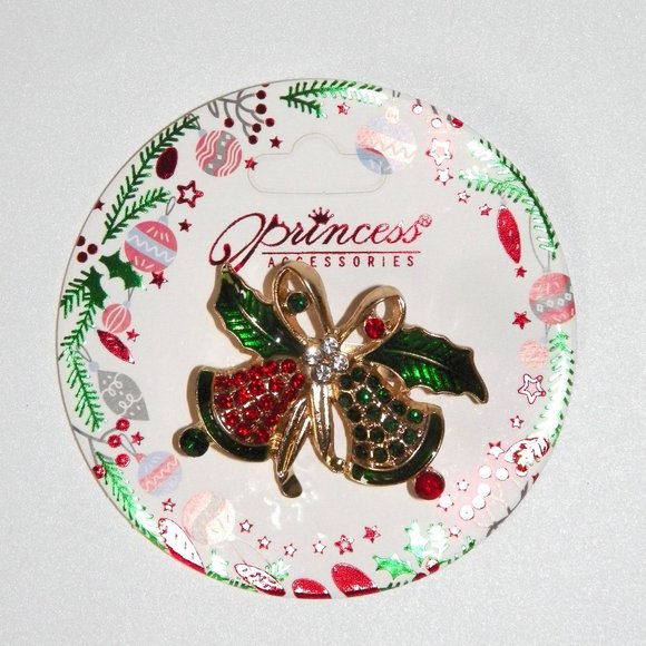 Christmas Bells Rhinestone Brooch 1 3/4" Gold - Picture 1 of 3